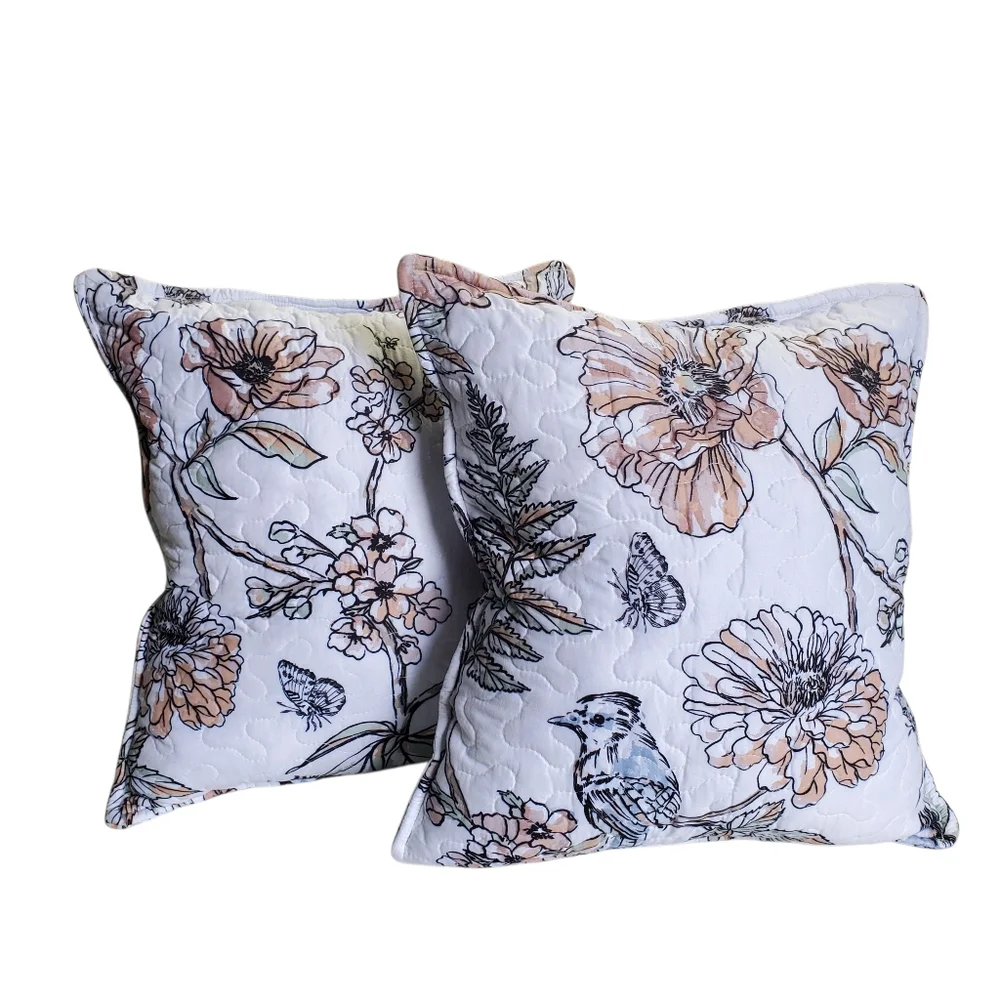 Homecrafted Floral Print Quilted Pillow Set Floral / Birds / Butterflies